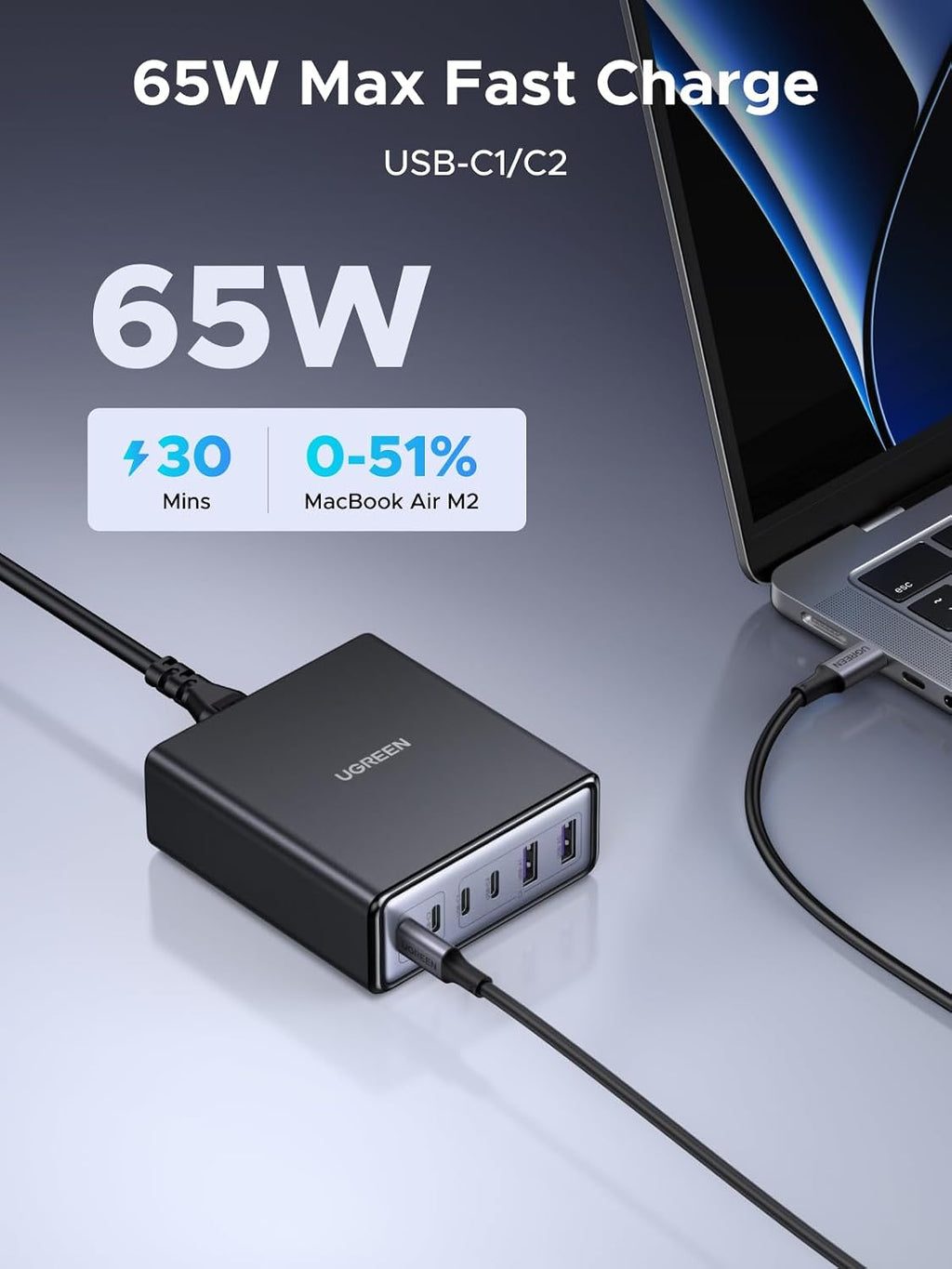 UGREEN Estación de carga USB C de 100 W, cargador de escritorio GaN de 6 puertos con 4 USB-C y 2 USB-A, distribución inteligente de energía para MacBook Pro/Air, Dell XPS, iPad, iPhone 17/16/15