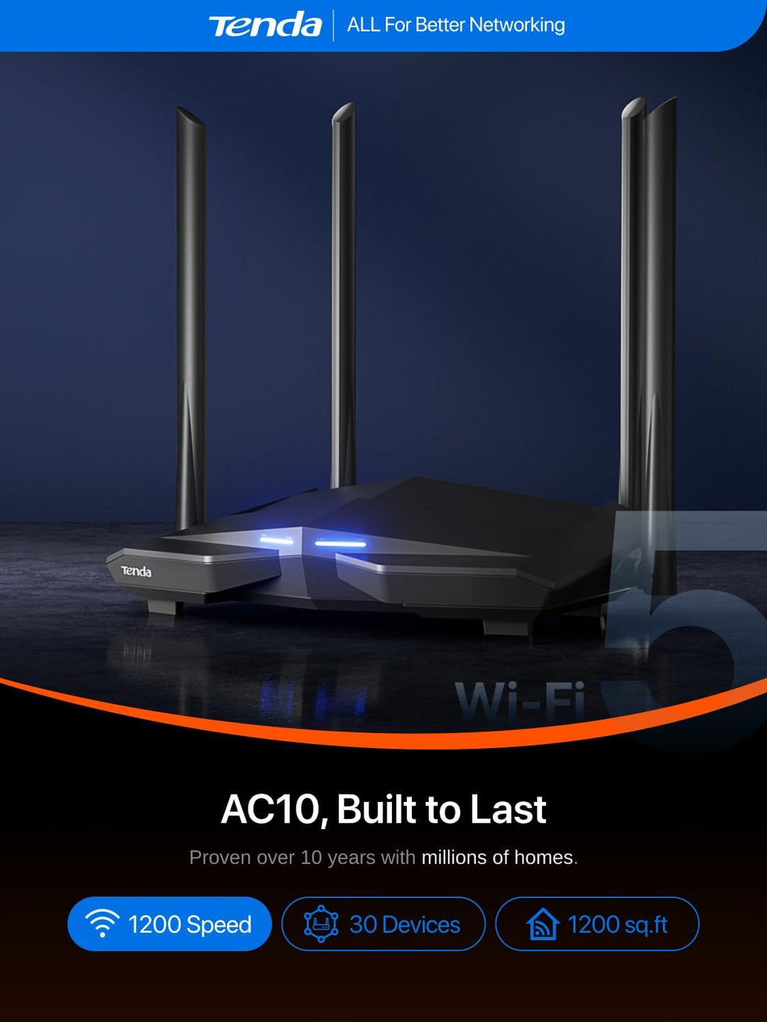 Tenda Enrutador WiFi inalámbrico Gigabit de doble banda AC1200, 4 p...
