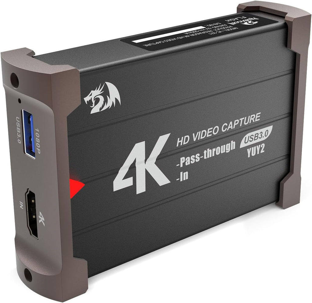 Redragon VC321 - Tarjeta de captura de video 4K, USB 3.0 1080p 60 fps captura de video, paso HDMI 4K, transmisión de latencia cero, compatible con Windows/Mac, captura de juegos para PS5, Xbox, NS