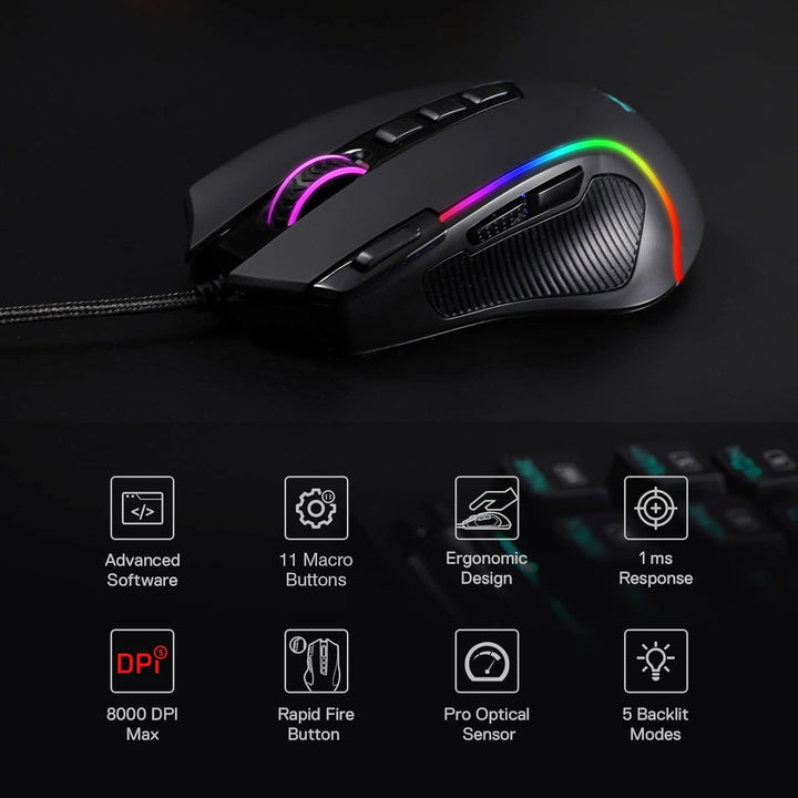 Redragon M612 Predator - Mouse para juegos RGB con cable, 8000 DPI,...