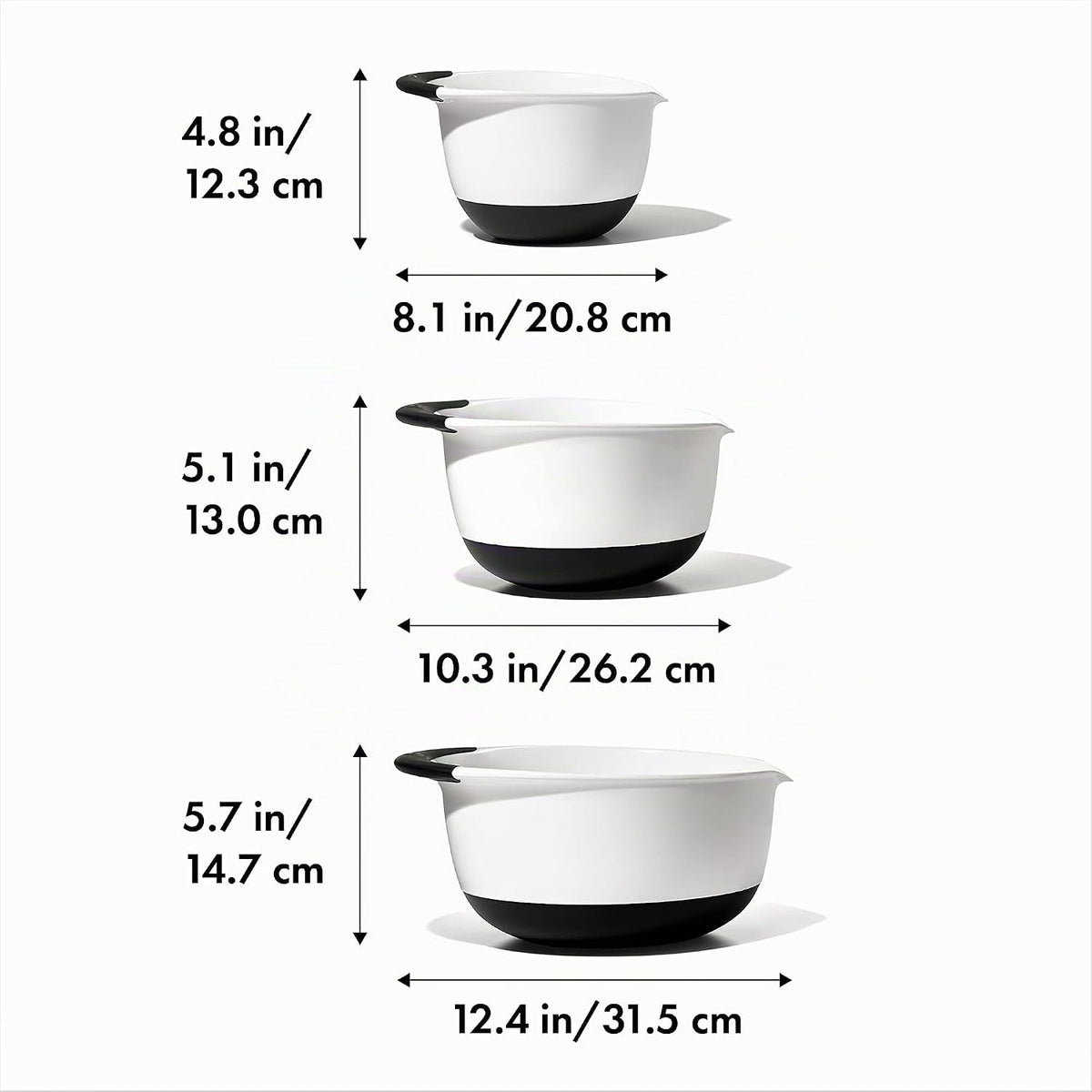 OXO Good Grips juego de 3 cuencos para mezclar de plástico, 2500 ml, blanco/negro