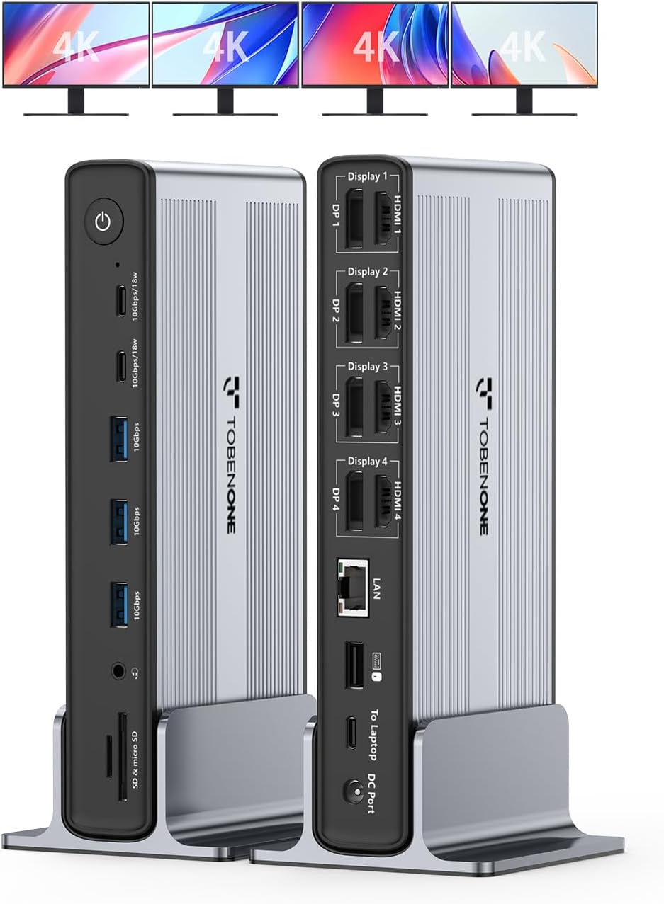 TobenONE DisplayLink - Estación de acoplamiento de 4 monitores, pantalla HDMI Quad 4K a 60Hz 20 en 1 con fuente de alimentación de 150 W para Thunderbolt 5/4/3, USB-C Windows, cromo, MacBook/Mac mini