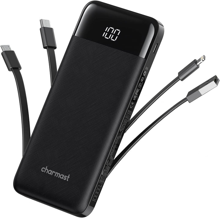 charmast Cargador portátil con cables incorporados, banco de energí...