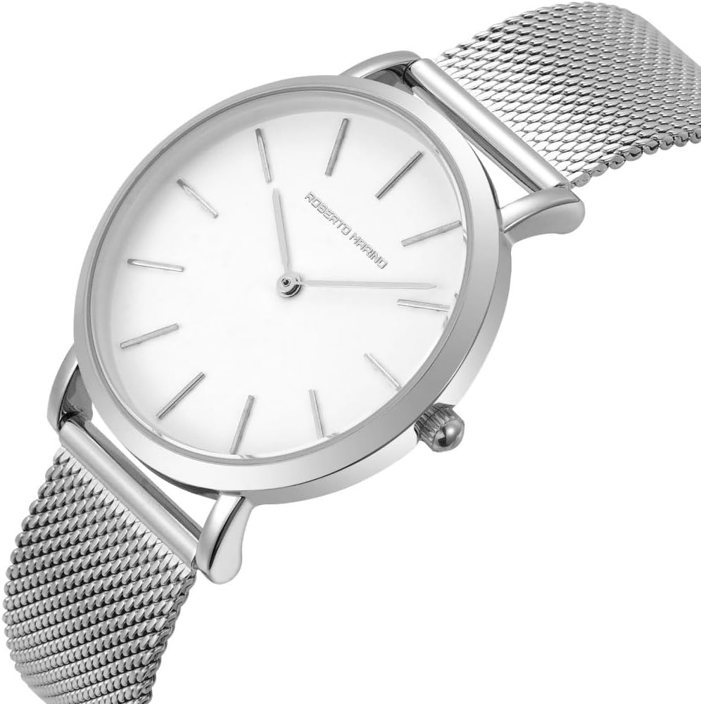 Roberto Marino RM1611 Reloj de malla para mujer – Acero inoxidable plateado, 3ATM, esfera blanca