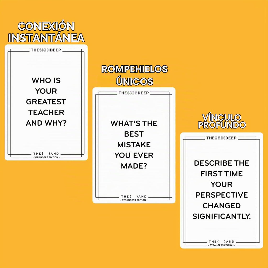 {THE AND} Strangers Edition - Juego de cartas de inicio de conversación - Divertido juego para conocerte - Rompehielos para reducir el espacio entre tú y un extraño - Preguntas para hacer un amigo por la piel profunda