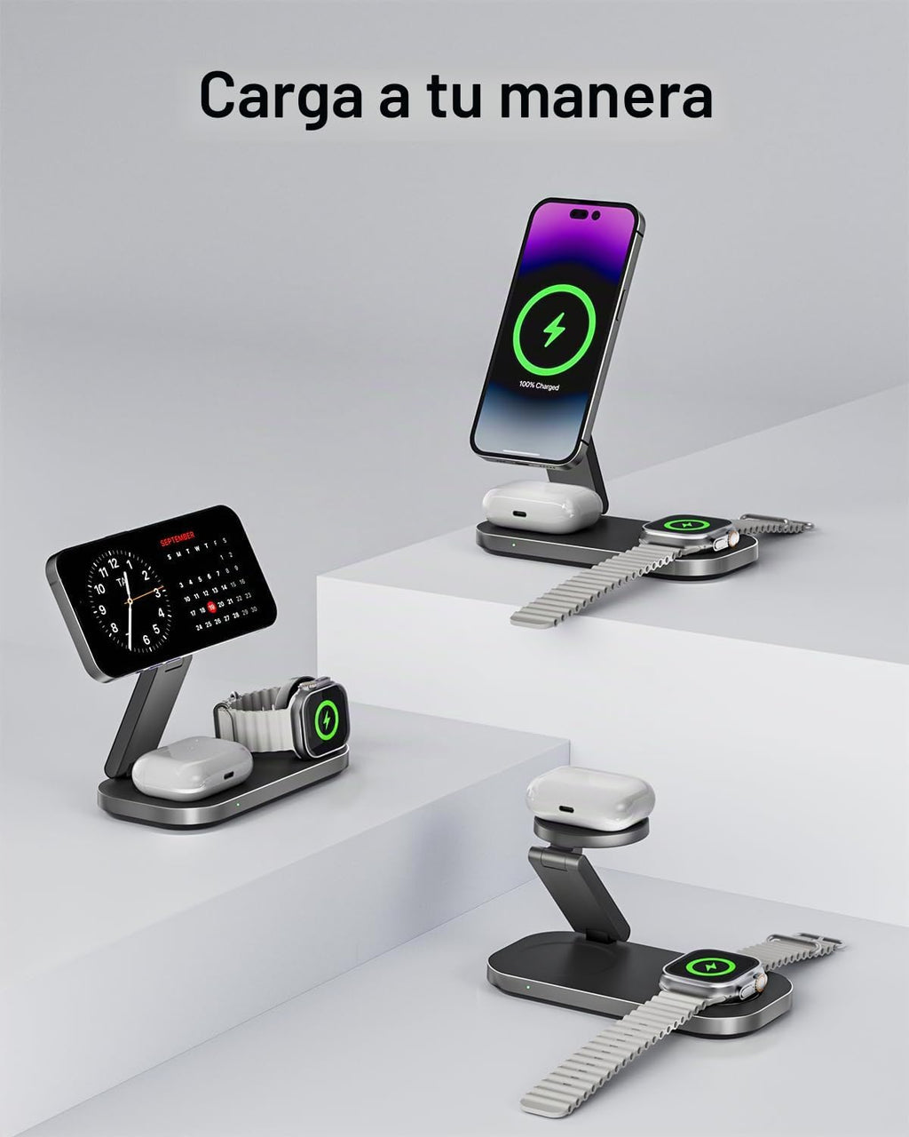 Estación de carga 3 en 1 para dispositivo Apple, soporte de carga rápida inalámbrico magnético plegable compatible con MagSafe para iPhone 17e/17/16/15/14/13/12/Air Series, Apple Watch y