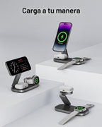 Estación de carga 3 en 1 para dispositivo Apple, soporte de carga rápida inalámbrico magnético plegable compatible con MagSafe para iPhone 17e/17/16/15/14/13/12/Air Series, Apple Watch y