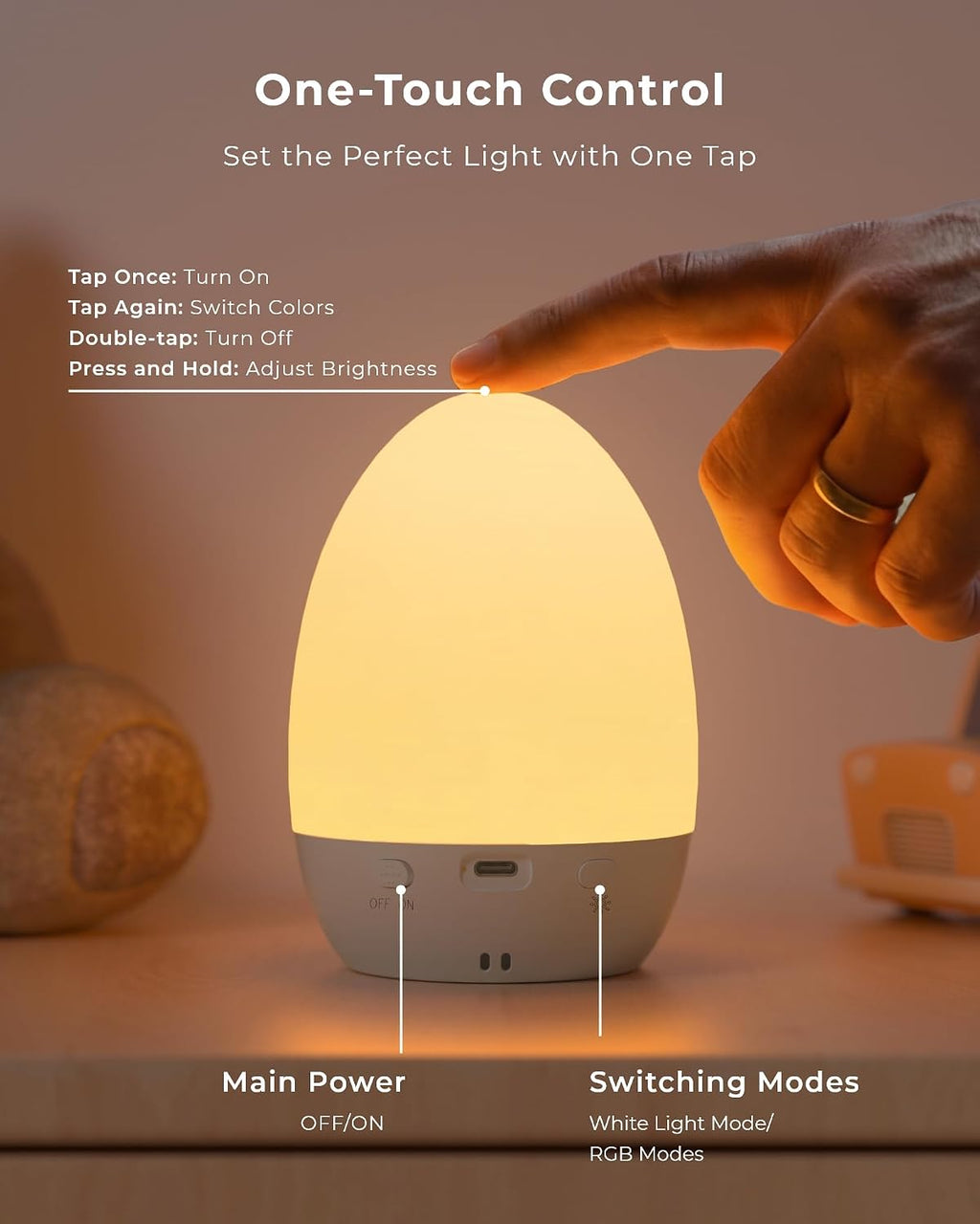 Luz de huevo para guardería, control táctil para cuidado de los ojos, luz nocturna recargable para bebés con 17 modos de color, luz de huevo de alimentación nocturna regulable para el