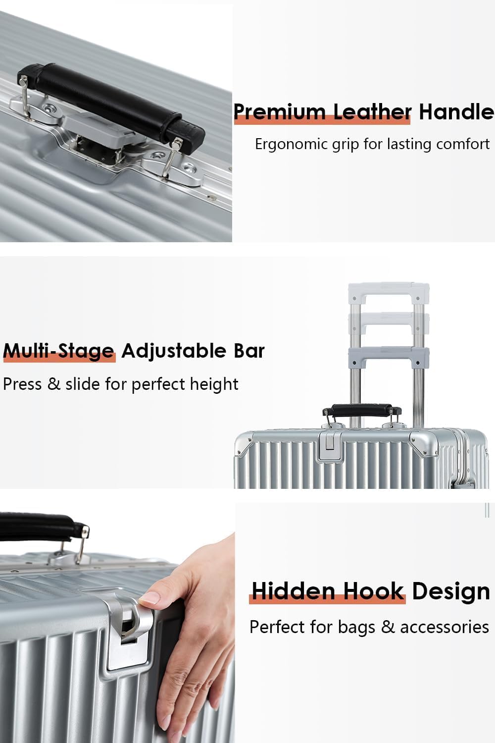 HotWay Equipaje de mano con mango de cuero, maleta sin cremallera de policarbonato con ruedas giratorias y cerraduras TSA, equipaje aprobado por aerolíneas de 22 x 14 x 9 para viajes, Gris, Equipaje