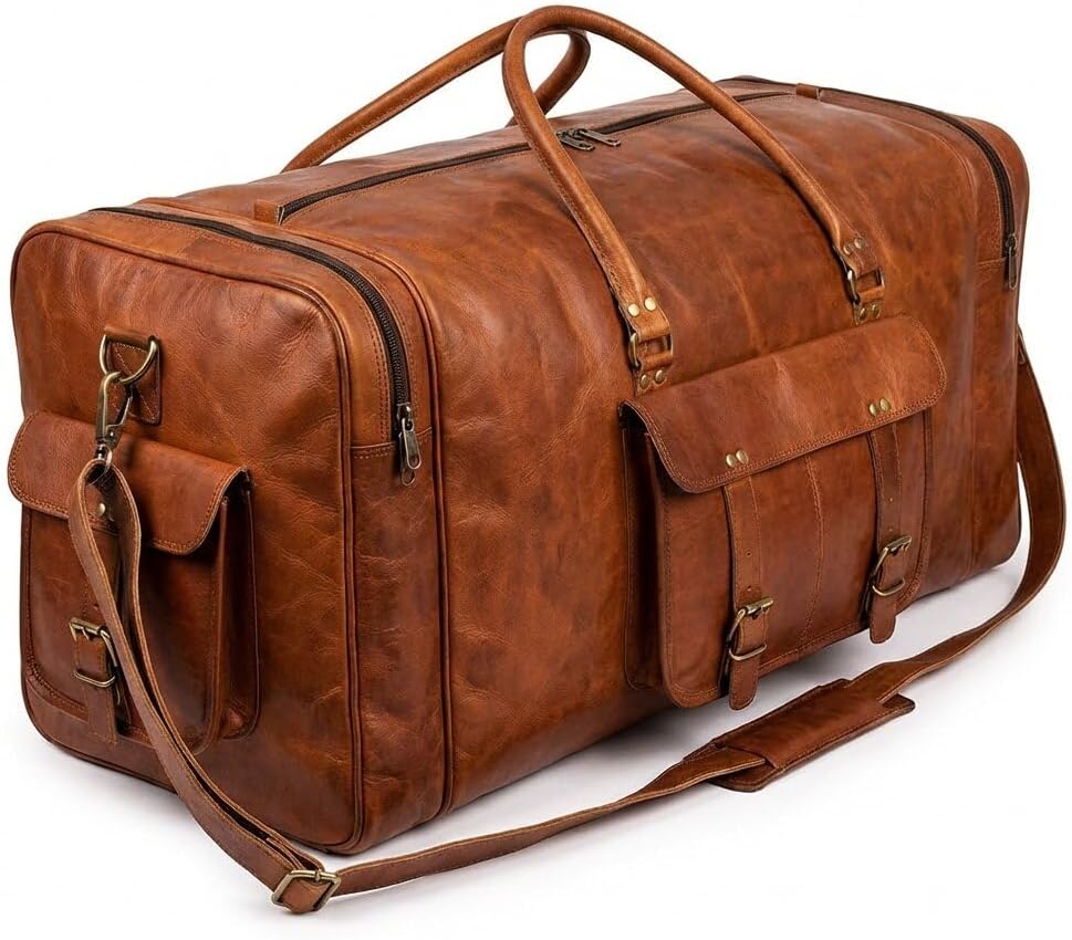 Bolsa grande de cuero para viaje, 32 pulgadas, de lona, artesanal, para viaje de fin de semana, de noche, gimnasio, deportiva, para hombre y mujer, 24 pulgadas,