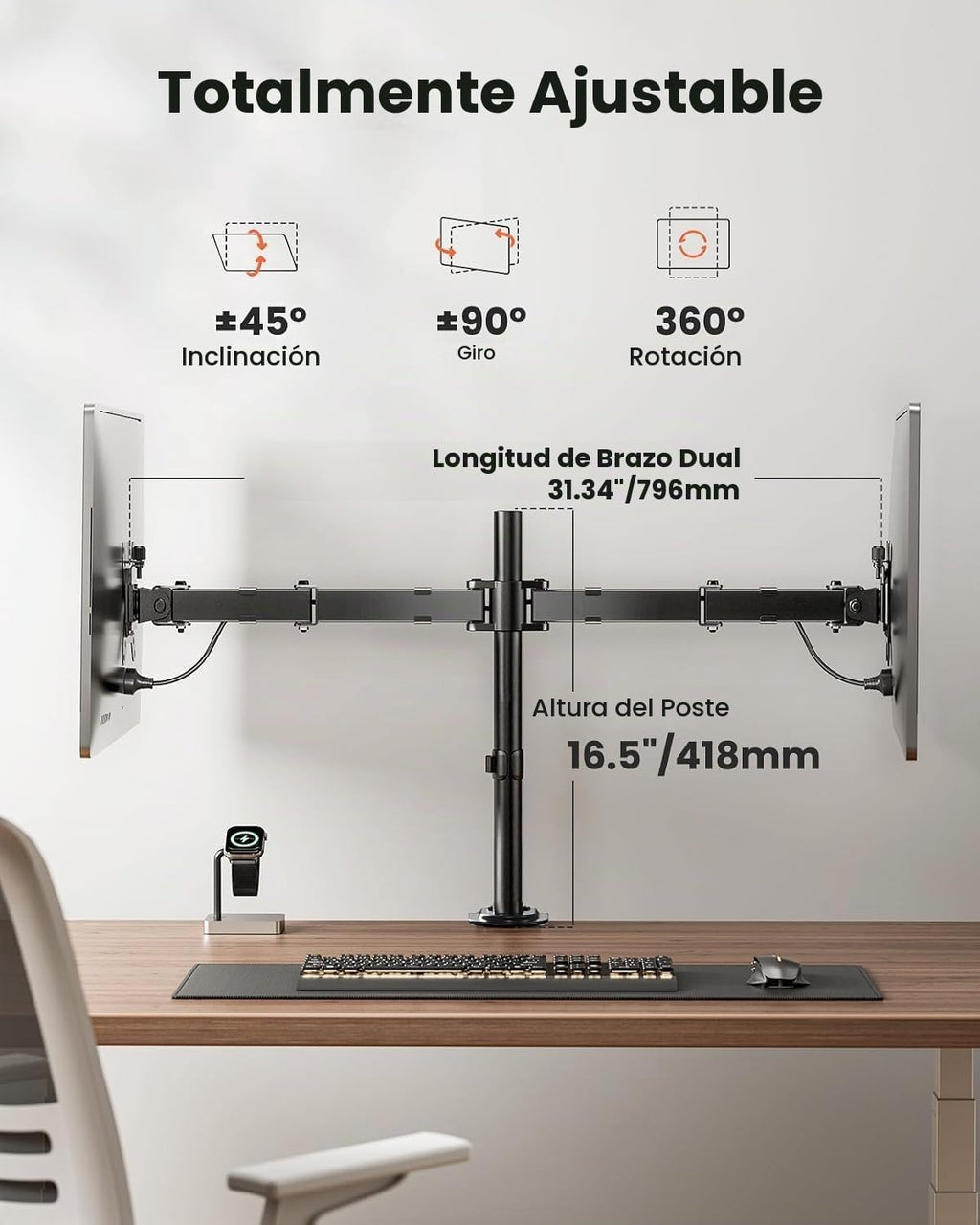 ErGear - Soporte para dos monitores, resistente y ajustable, montaje de escritorio para monitores de hasta 32 pulgadas, altura totalmente ajustable, inclinación, giro, rotación, soporta 8 kg por brazo