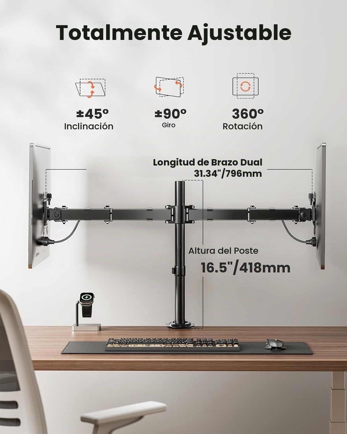 ErGear - Soporte para dos monitores, resistente y ajustable, montaje de escritorio para monitores de hasta 32 pulgadas, altura totalmente ajustable, inclinación, giro, rotación, soporta 8 kg por brazo