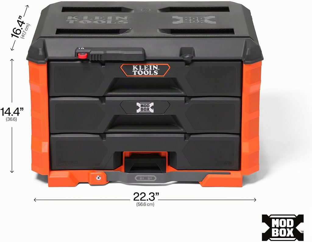 Klein Tools 54823MB MODbox Organizador de caja de herramientas de 3 cajones, almacenamiento de herramientas resistente, módulo apilable, capacidad de 50 libras