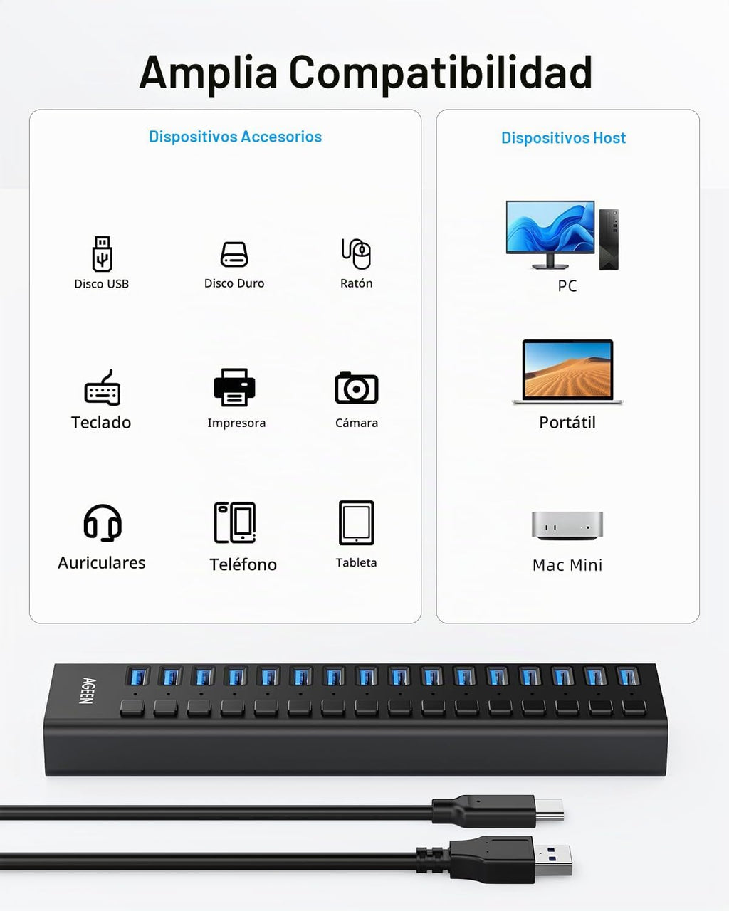 AGEEN, MKI-1200800C8, hub USB 3.2 de 16 puertos, alimentado, adaptador 12V/8A