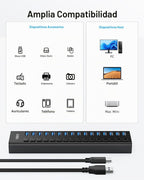 AGEEN, MKI-1200800C8, hub USB 3.2 de 16 puertos, alimentado, adaptador 12V/8A