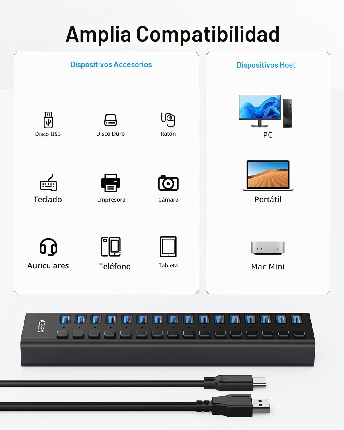 AGEEN, MKI-1200800C8, hub USB 3.2 de 16 puertos, alimentado, adaptador 12V/8A