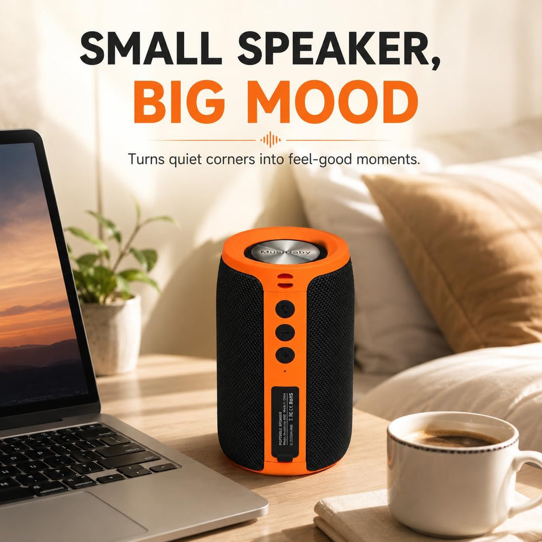 Altavoz Bluetooth Musibaby M68, 12W, IPX5, FM, USB AUX, Naranja Neg...