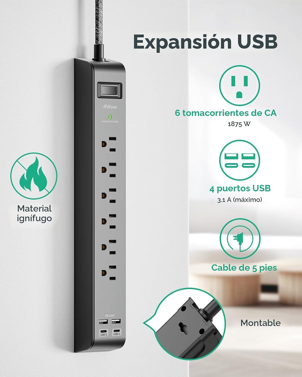 2 Paquetes de Protector de Sobrecorriente Power Strip con 6 Tomacorrientes y 4 Puertos USB