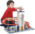 Tender Leaf Toys - Estación de servicio Blue Bird - Garaje clásico de madera y estación de servicio para automóviles y helicópteros con rampas, bombas de gasolina y centro de lavado de autos -
