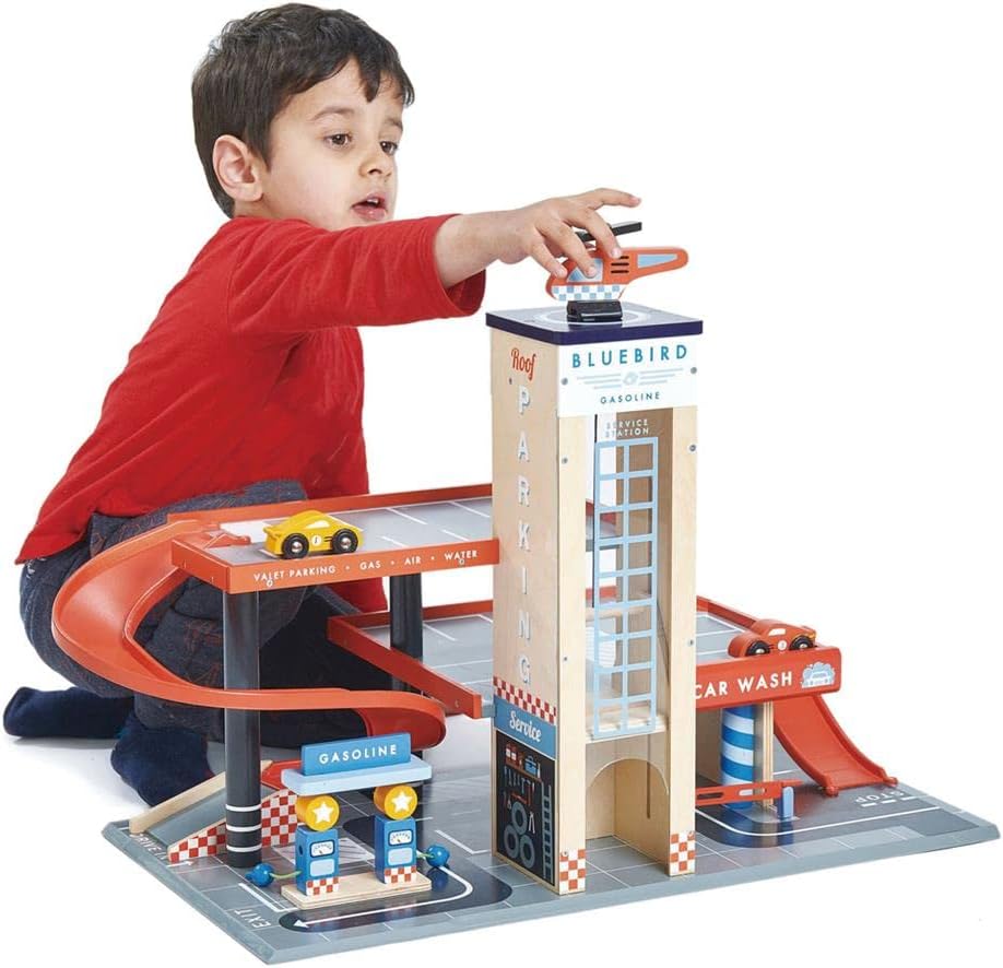 Tender Leaf Toys - Estación de servicio Blue Bird - Garaje clásico de madera y estación de servicio para automóviles y helicópteros con rampas, bombas de gasolina y centro de lavado de autos -