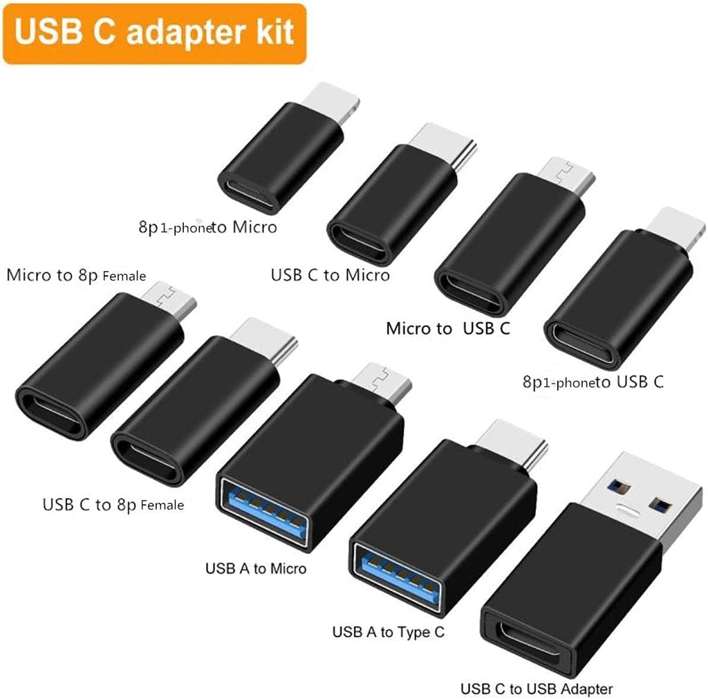 Kit de adaptador tipo C de 10 piezas, compatible con adaptador micro USB/tipo C/USB OTG, estuche de viaje con mosquetón, incluye cable USB tipo C