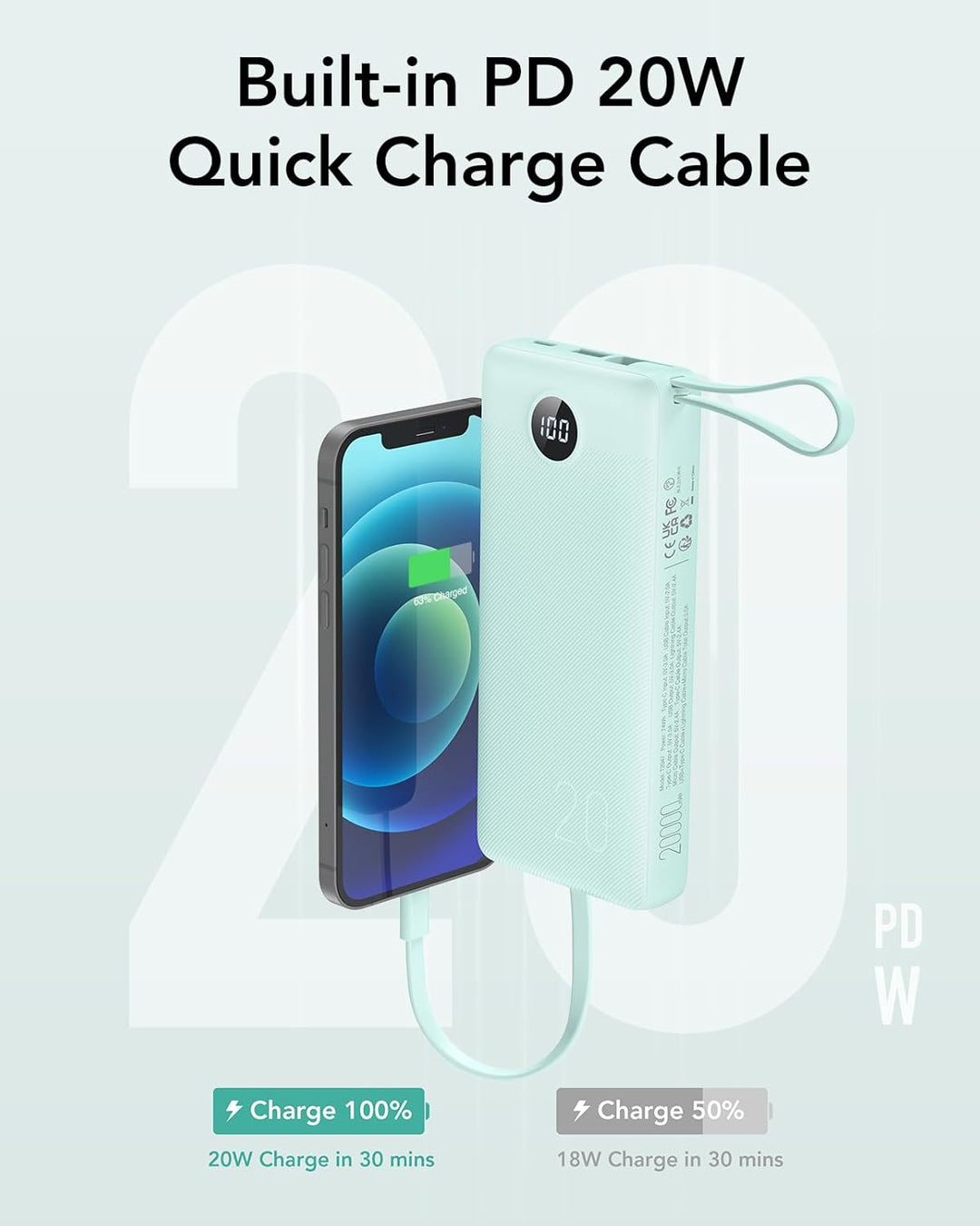 VRURC Cargador portátil de 20000mAh, Batería externa de carga rápid...