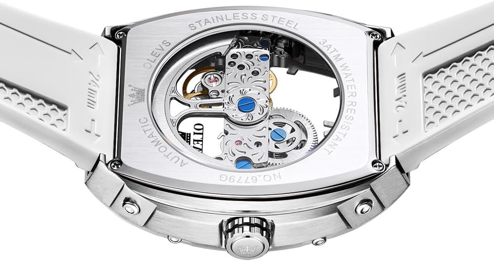 OLEVS Reloj para Hombre Skeleton Automático Tonneau Correa de Silicona Negocios Lujo a Prueba de Agua Luminoso Reloj Mecánico para Hombre