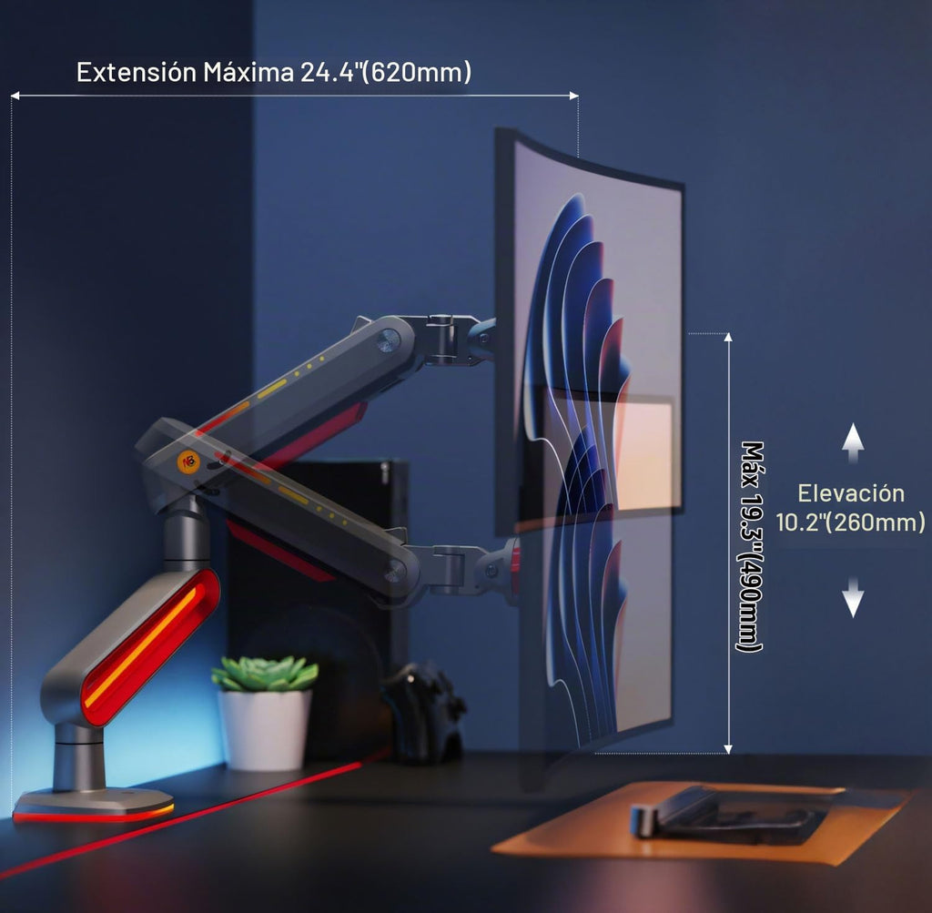 NB Designer - Brazo para monitor de juegos para pantalla de 32 a 60 pulgadas, carga de hasta 44.1 lbs, VESA 75/100, RGB-Light, resistente, ajustable multiángulo, aluminio premium, extensión de brazo largo rojo