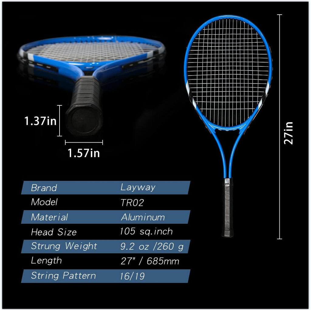 Raquetas de tenis para 2 jugadores recreativas para principiantes, juego de raquetas adultas ligeras preencordadas de 27 pulgadas para mujeres y hombres con pelotas de tenis, sobreagarres y bolsa de
