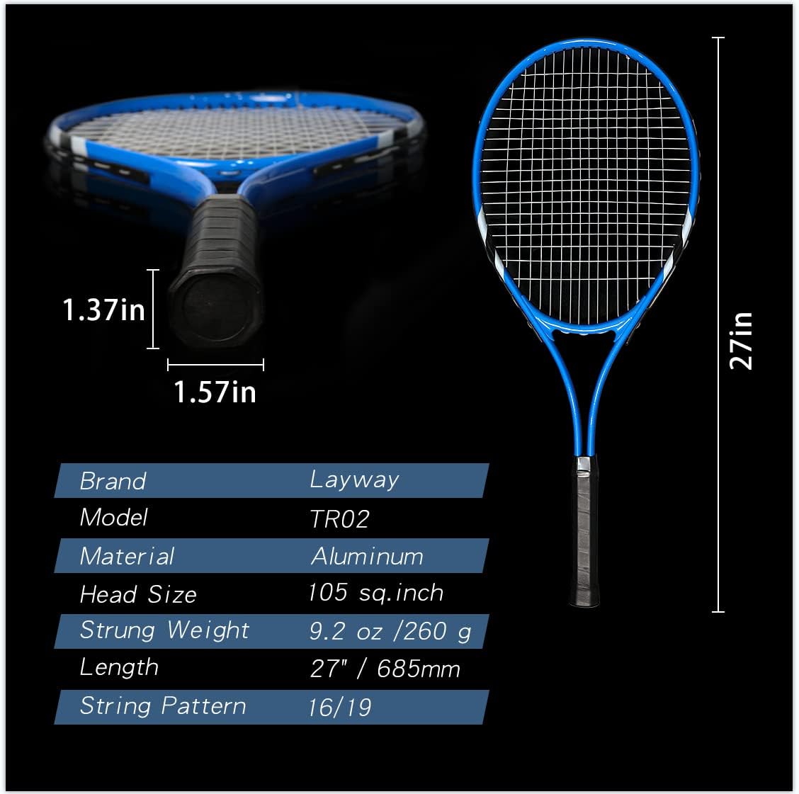 Raquetas de tenis para 2 jugadores recreativas para principiantes, juego de raquetas adultas ligeras preencordadas de 27 pulgadas para mujeres y hombres con pelotas de tenis, sobreagarres y bolsa de