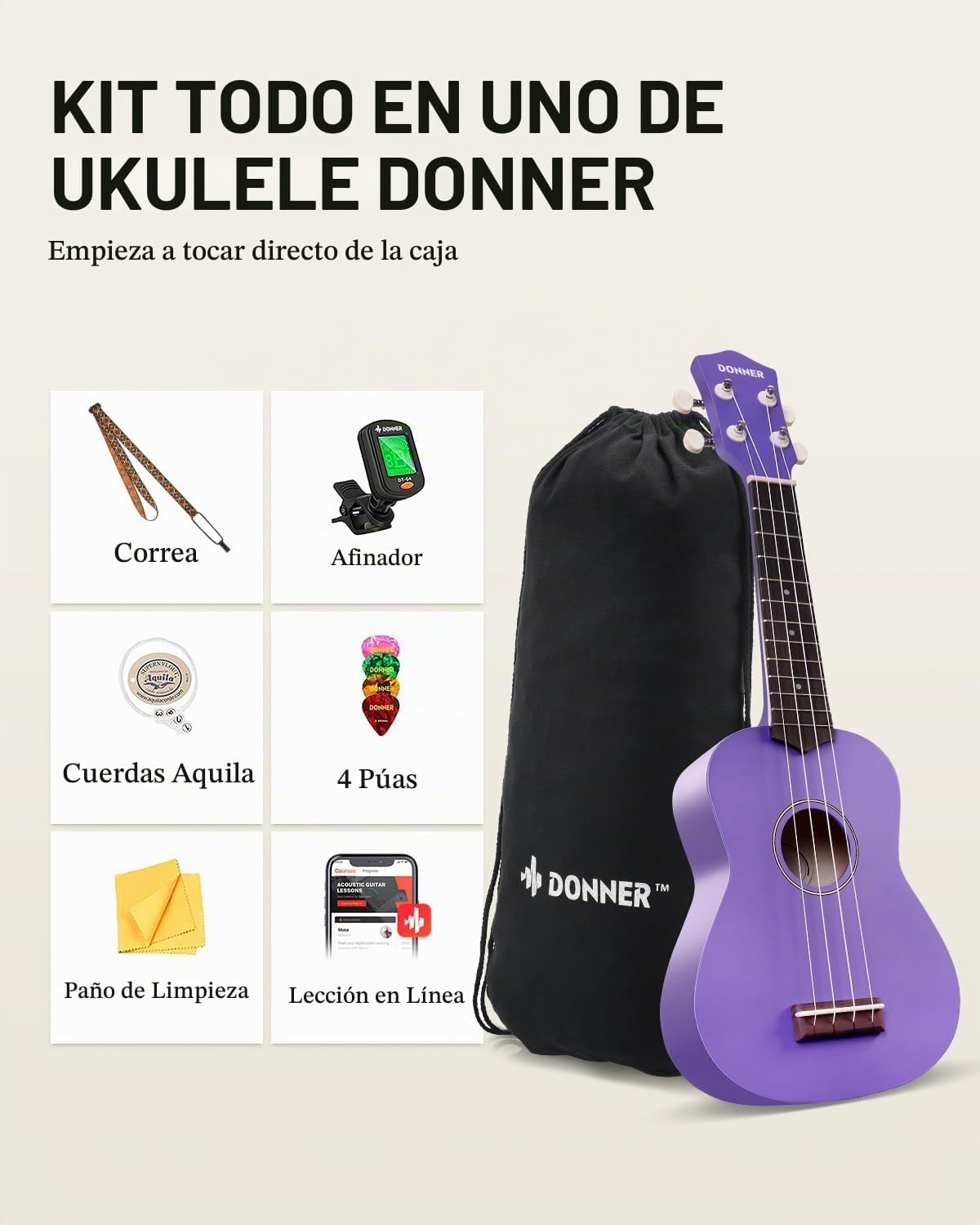 Donner Ukelele soprano para principiantes, ukelele mate de 21 pulgadas, kit para principiantes con correa para bolsa, afinador, cuerdas, púas de tela, lecciones en línea gratuitas (morado)