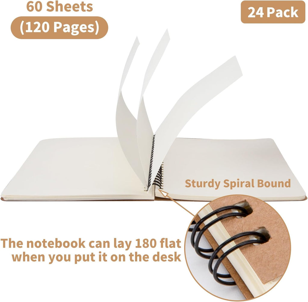 Paquete de 24 cuadernos en espiral A5, tapa suave, boceto en blanco, cuaderno encuadernado con alambre, 120 páginas, diario de papel sin forro para oficina, negocios, suministros