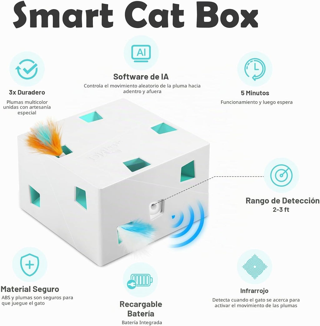 Migipaws - Juguetes automáticos para gatos MigiBox Plus 3 en 1 interactivos, misterio bajo PopSkin, 12 agujeros, de cartón, juguetes para gatitos, para interiores, recargables, 8 accesorios (blanco)