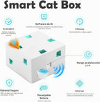 Migipaws - Juguetes automáticos para gatos MigiBox Plus 3 en 1 interactivos, misterio bajo PopSkin, 12 agujeros, de cartón, juguetes para gatitos, para interiores, recargables, 8 accesorios (blanco)