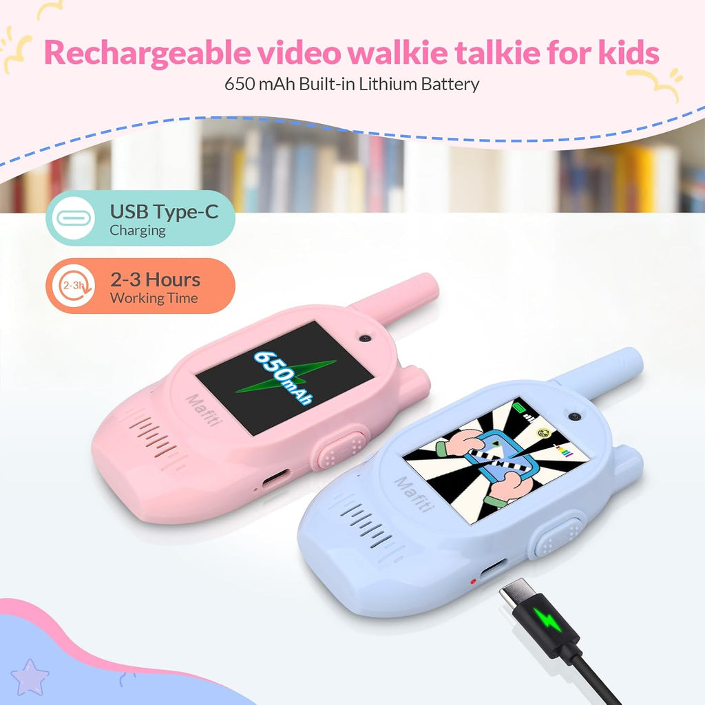 Mafiti Walkie Talkies de video para niños, paquete de 2 juguetes recargables de 1000 pies de largo alcance, regalos de cumpleaños para niños y niñas de 3, 4, 5, 6, 7, 8 años (azul + rosa)