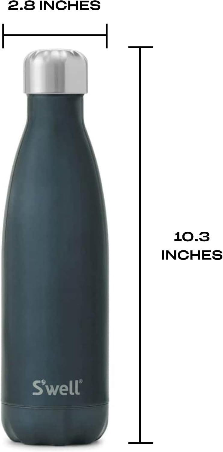 S'well Botella de agua de acero inoxidable, 17 oz, Blue Suede, recipientes aislados al vacío de triple capa mantienen las bebidas frías durante 36 horas y calientes durante 18, sin BPA, perfecta para