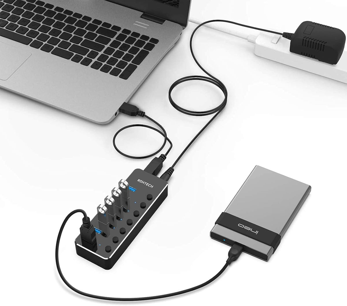 RSHTECH, hub USB 3.0 de 7 puertos, alimentado, adaptador 5V/2A
