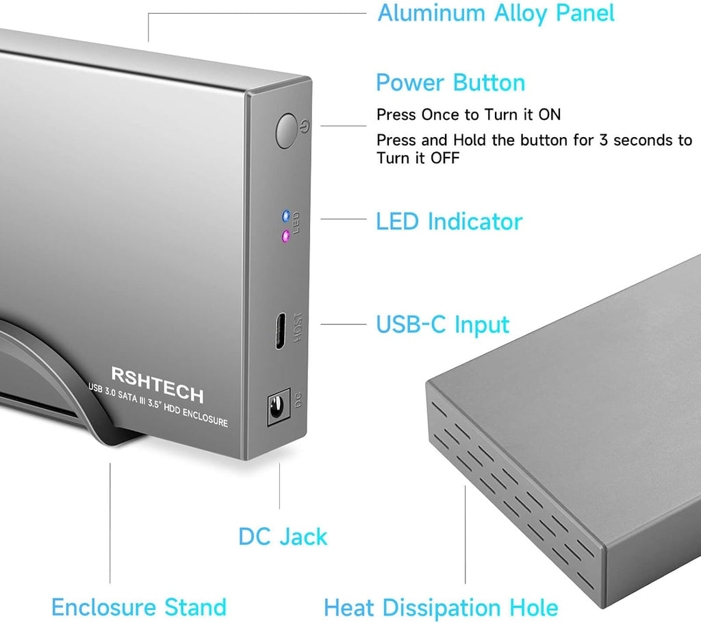 RSHTECH Carcasa de Disco Duro Versión Mejorada de 3.5" de Aluminio USB C a SATA Dock Externo para Discos Duros de 3.5 pulgadas HDD y SSD de hasta 24TB, con Cable USB 2-en-1, Compatible con UASP