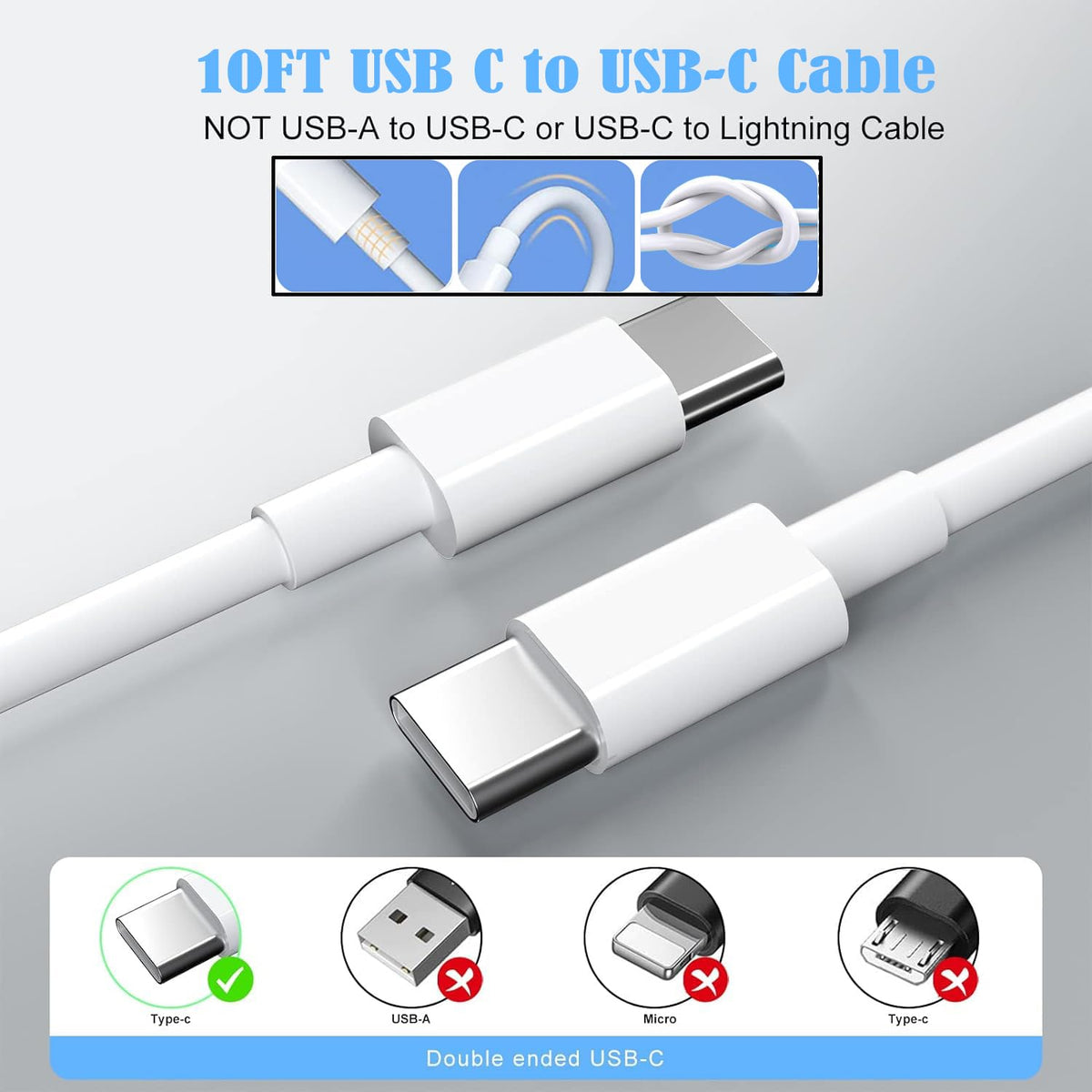 Cable de carga rápida de 10 pies para iPhone 17 16e 15, paquete de 3 cables de carga USB C a tipo C de 20 W, bloque de carga USBC de 20 W, carga súper rápida para iPhone 17 Air/17 16 15 Pro/Plus/Pro Max, iPad Pro