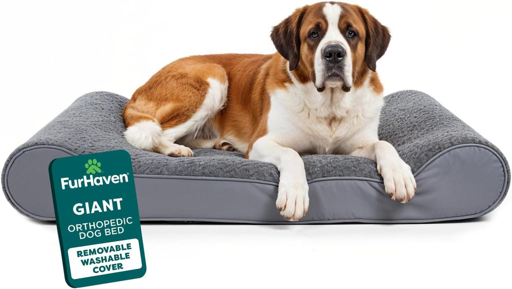 FurHaven Cama ortopédica para perros grandes, colchón de contorno de tumbona de lujo con losa de espuma ortopédica sólida para soporte de articulaciones, funda extraíble lavable, gigante XXXL, gamuza de felpa, gris