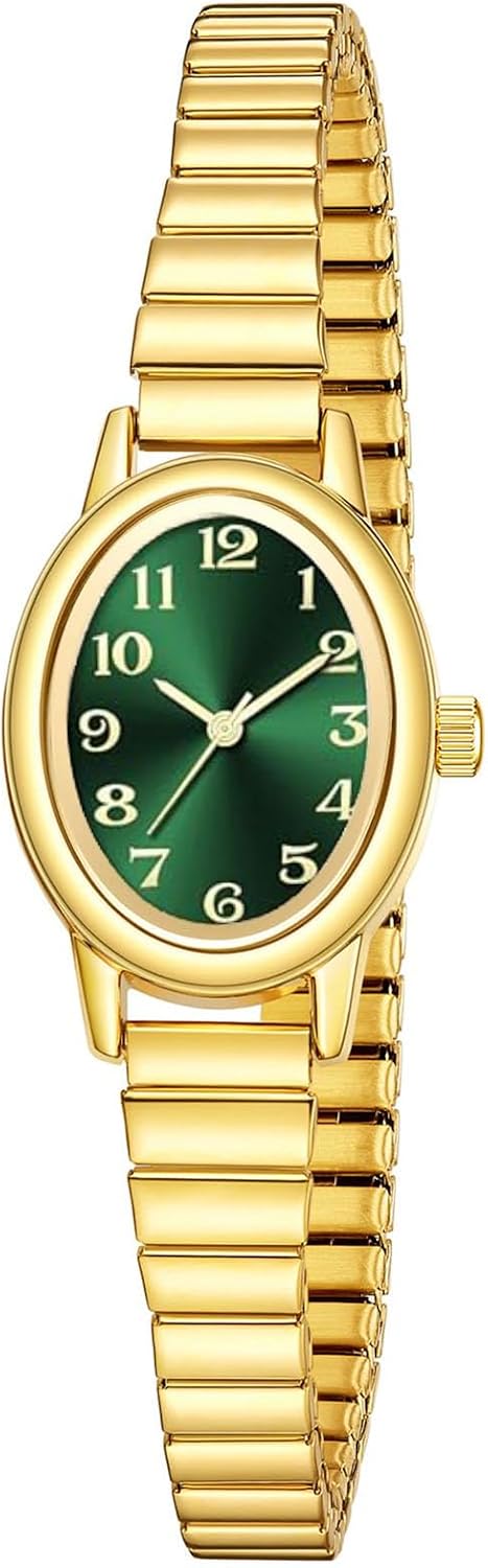 ADSBIAOYE Relojes pequeños de oro para mujer, números arábigos, fácil de leer, reloj analógico con banda de expansión de acero inoxidable, resistente al agua