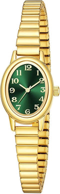 ADSBIAOYE Relojes pequeños de oro para mujer, números arábigos, fácil de leer, reloj analógico con banda de expansión de acero inoxidable, resistente al agua