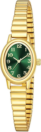 ADSBIAOYE Relojes pequeños de oro para mujer, números arábigos, fácil de leer, reloj analógico con banda de expansión de acero inoxidable, resistente al agua