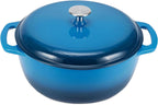 Amazon Basics Olla holandesa de hierro fundido esmaltado con tapa, 6 cuartos de galón, redonda, doble asa, resistente, apta para horno para guisos, asar y hornear, azul