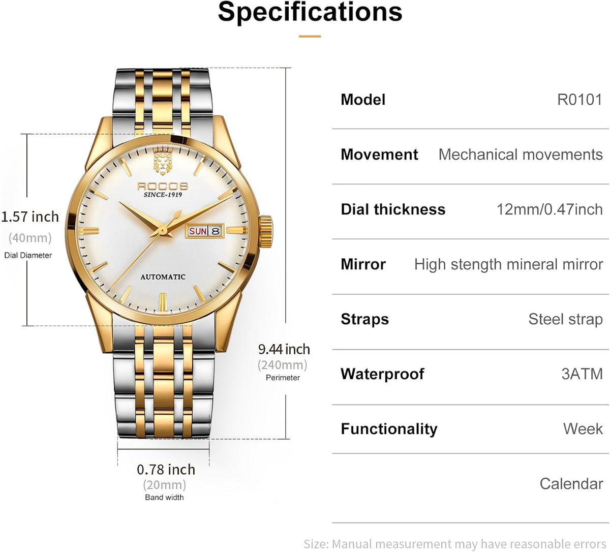 ROCOSJEWE R0101 Reloj Automático Mecánico para Hombre de Lujo Dorado Reloj Clásico Retro Correa de Cuero Marrón Impermeable Regalo para Hombre Moda Negocios