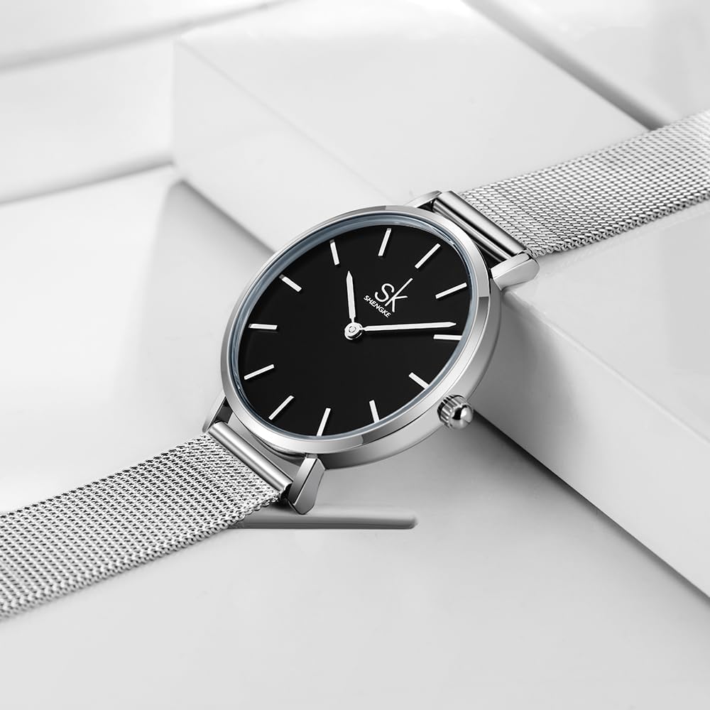 Shengke SK Ultra delgado minimalista Relojes para mujer de dos agujas Reloj de vestir de cuero para damas