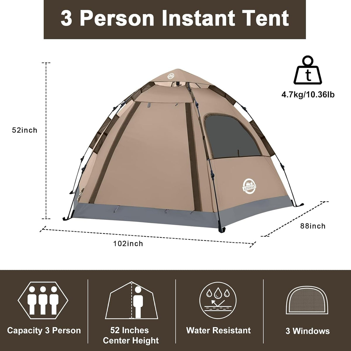 ADSMART Tiendas de campaña instantáneas para acampar 2/3/4/5 personas, impermeable, fácil instalación, tiendas de campaña con bolsa de transporte para senderismo al aire libre