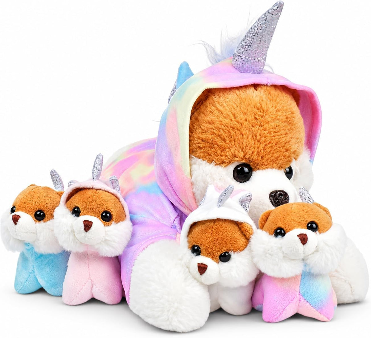 PixieCrush Animales de peluche para perros, Perro con vestido de unicornio y 4 bebés