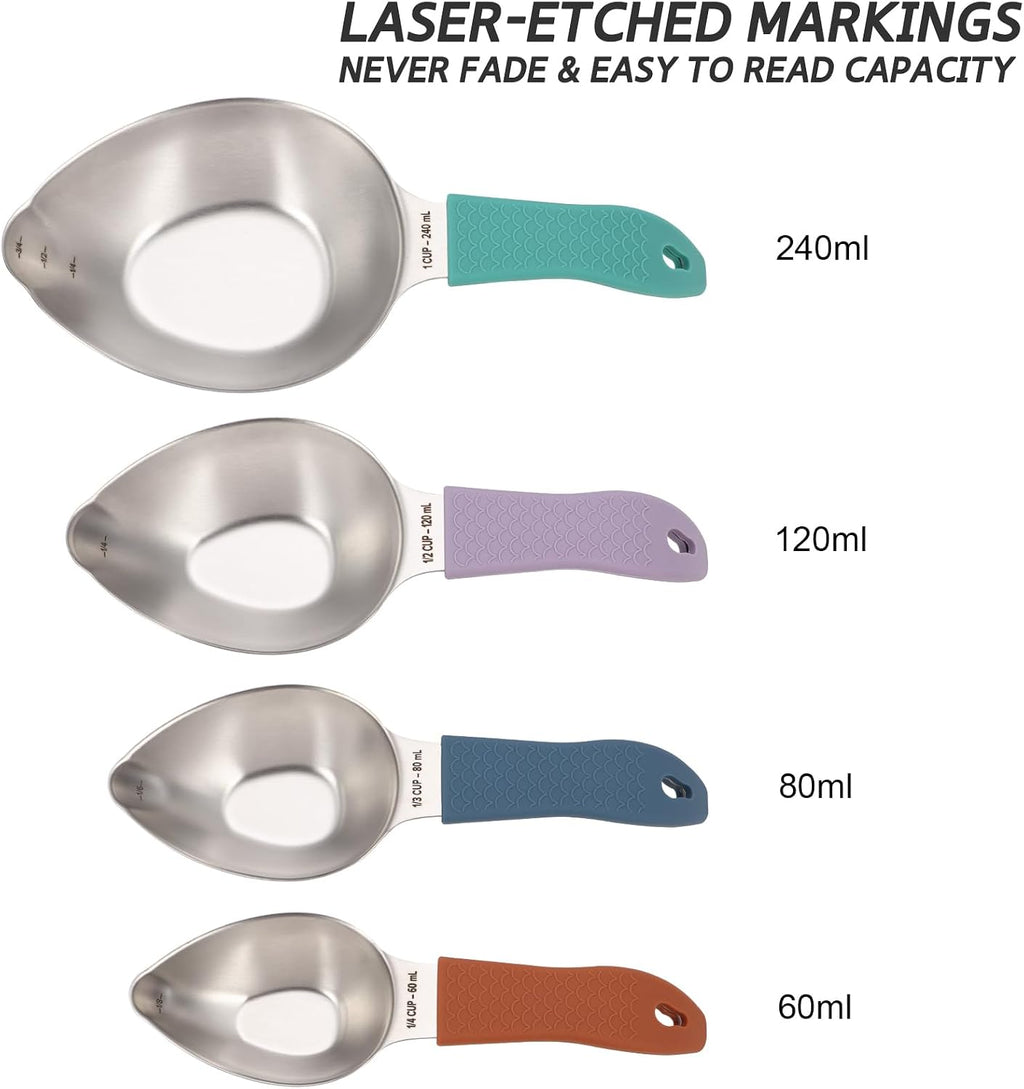 Juego de 4 tazas medidoras de acero inoxidable para ingredientes secos y líquidos con asas de silicona antideslizantes y medidas grabadas con láser, tazas medidoras de metal