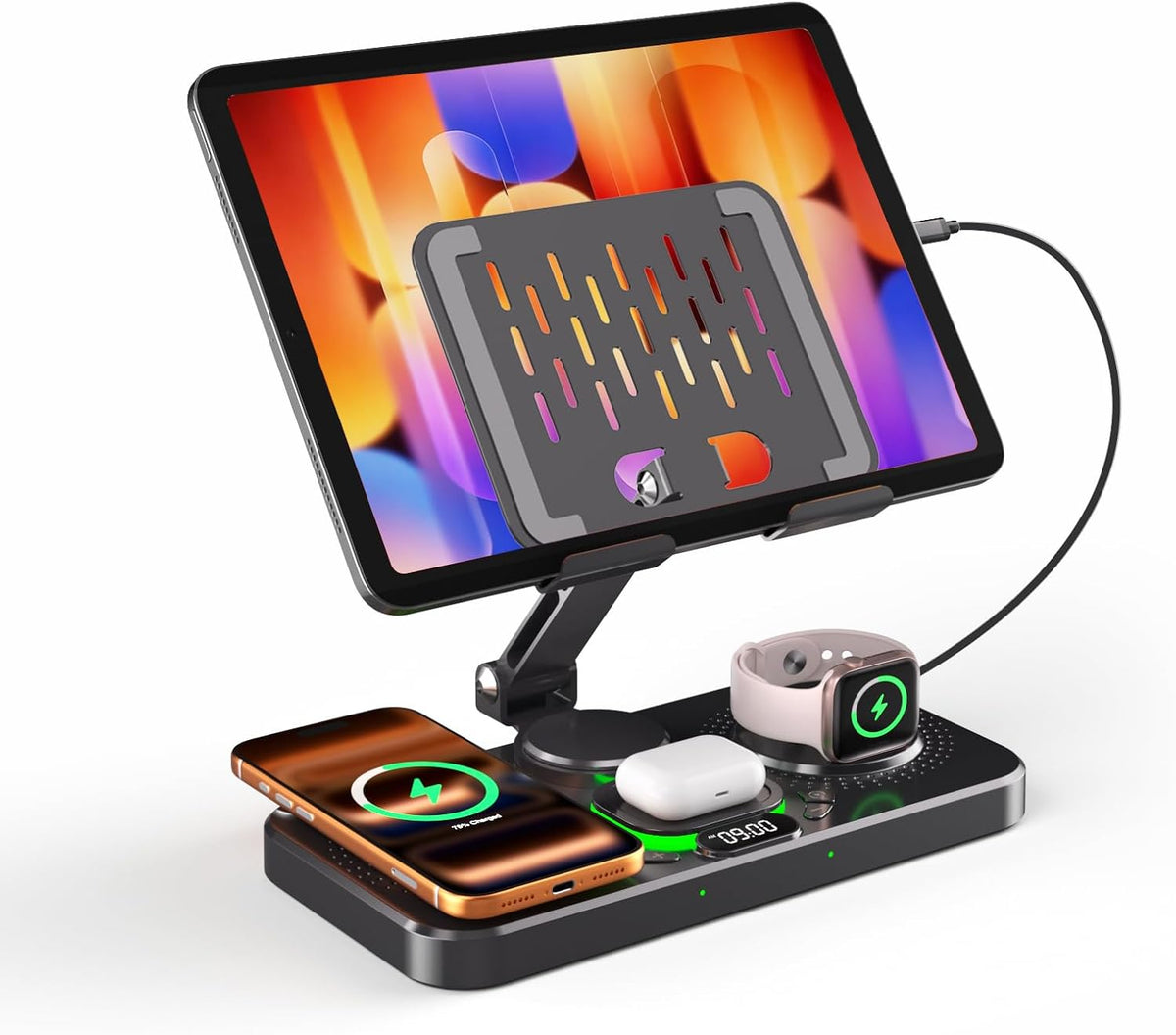 Estación de carga magnética para múltiples dispositivos Apple, cargador inalámbrico con reloj y luz, soporte de carga plegable con cable para iPad/Tab, cargador seguro para iPhone 17, para Apple Watch